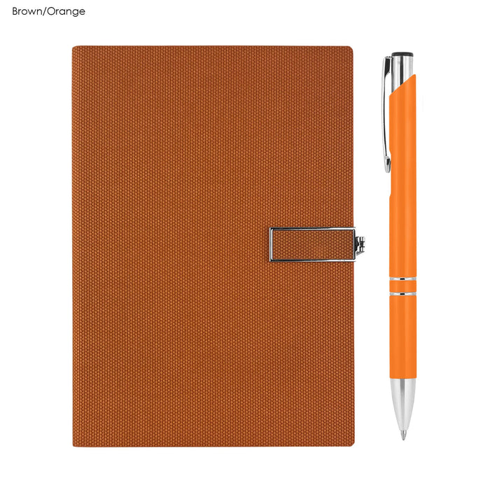 Century Noteook and Pen Gift Set - A brown notebook with an orange pen beside it, featuring a clasp closure and a textured cover.