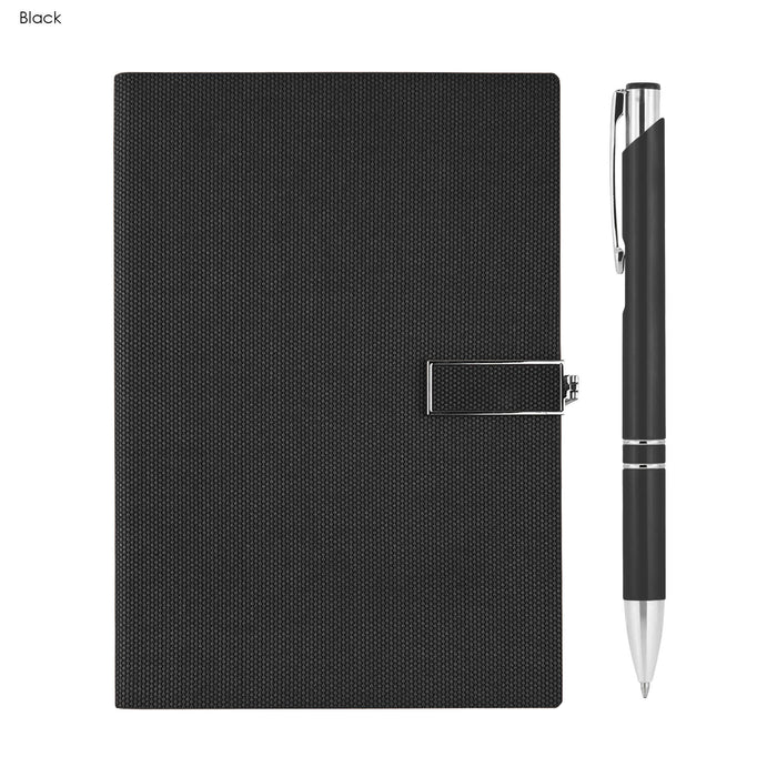 Century Noteook and Pen Gift Set - A black notebook with a textured cover and a silver pen placed beside it. The set has a sleek design.