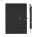 Century Noteook and Pen Gift Set - A black notebook with a textured cover and a silver pen placed beside it. The set has a sleek design.