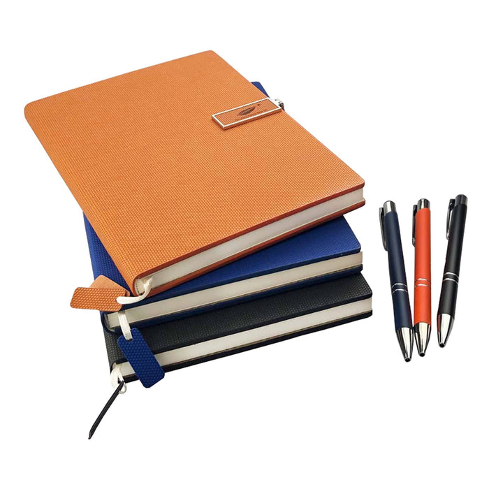 Century Noteook and Pen Gift Set - An orange notebook with a textured cover, stacked with blue and black notebooks, alongside four pens in various colours.