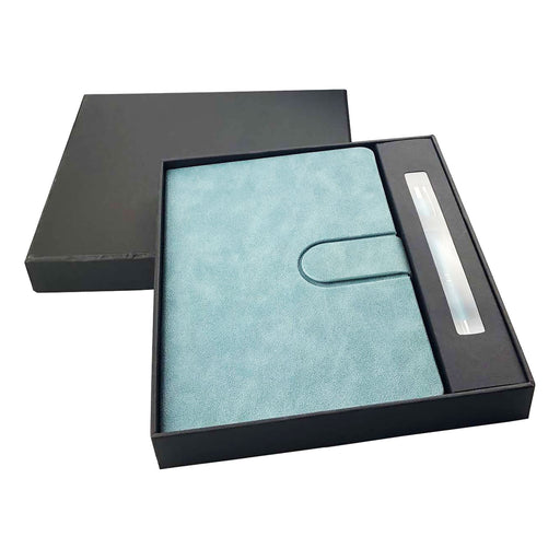 Rewiz Notebook and Pen Gift Set - A turquoise notebook with a matching pen, presented in a black gift box. Contains a logo.