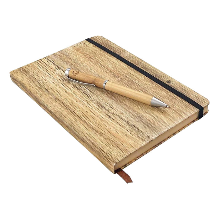 Wood Look Notebook and Pen Gift Set - A wood-look notebook with a pen resting on top, featuring a natural finish and an elastic band.