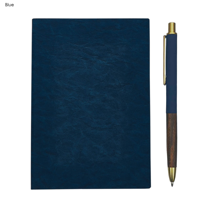 Falby Notebook and Pen Gift Set - A blue notebook with a textured cover and a matching pen with a gold accent, featuring a logo.