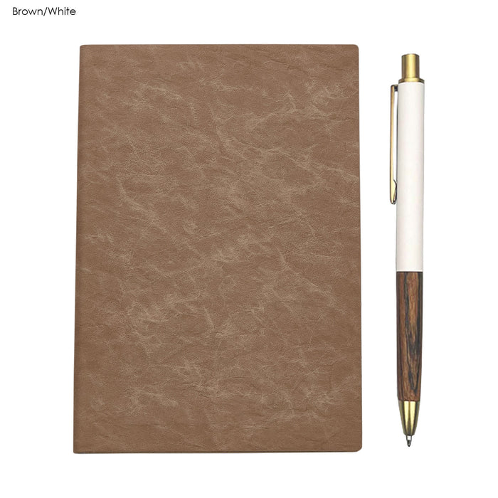 Falby Notebook and Pen Gift Set - A brown notebook with a textured cover and a white pen with a wooden design, featuring a logo.