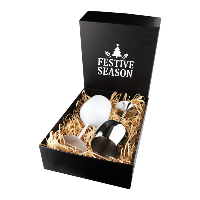 Bella Stainless Steel Wine Glas - A stainless steel wine glass with a sleek design, presented in a black gift box with festive decorations and straw filling.