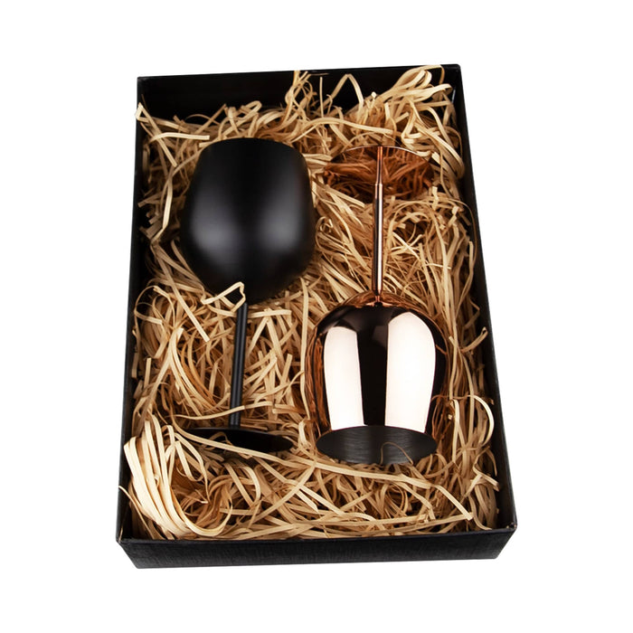 Bella Stainless Steel Wine Glas - A black stainless steel wine glass and a copper stainless steel wine glass in a gift box with straw filling.