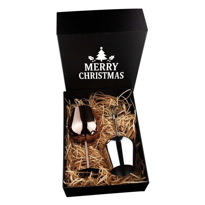 Bula Vinaka Stainless Steel Wine Glass Gift Set - A stainless steel wine glass gift set in a black box, featuring a rose gold and silver glass, with festive straw filling.