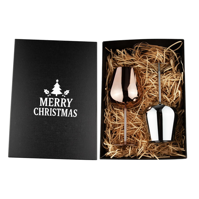 Bula Vinaka Stainless Steel Wine Glass Gift Set - A stainless steel wine glass gift set featuring a rose gold and a white glass, presented in a black box with straw filler.