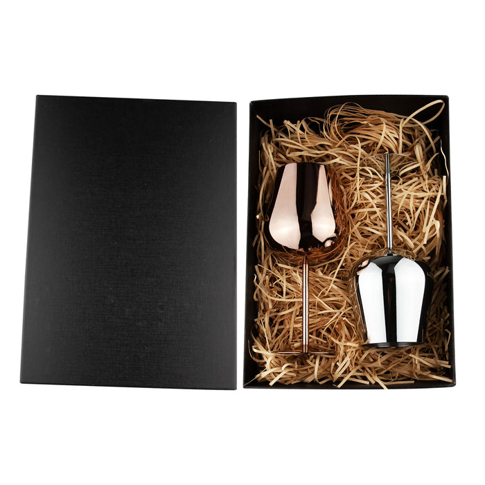 Bula Vinaka Stainless Steel Wine Glass Gift Set - A stainless steel wine glass gift set in rose gold and silver, presented in a black box with straw filling.
