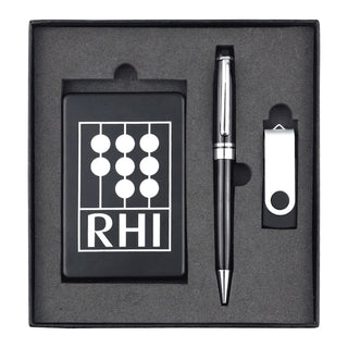 Powerbank, USB (4GB) & Pen Giftset - A black gift set containing a pen, a USB drive, and a card holder, all neatly arranged in a black box with a logo.