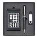 Powerbank, USB (4GB) & Pen Giftset - A black gift set containing a pen, a USB drive, and a card holder, all neatly arranged in a black box with a logo.