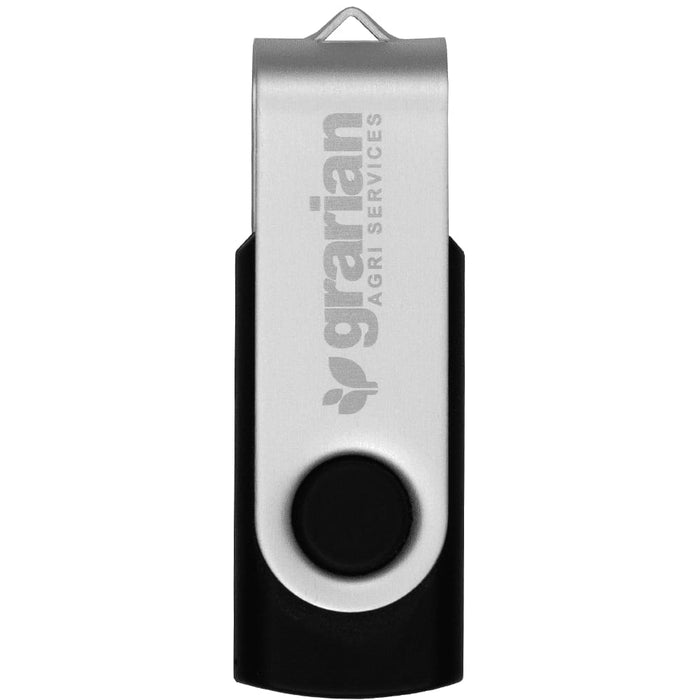 Powerbank, USB (4GB) & Pen Giftset - A silver and black USB flash drive with a branding logo and a swivel design.
