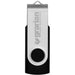 Powerbank, USB (4GB) & Pen Giftset - A silver and black USB flash drive with a branding logo and a swivel design.