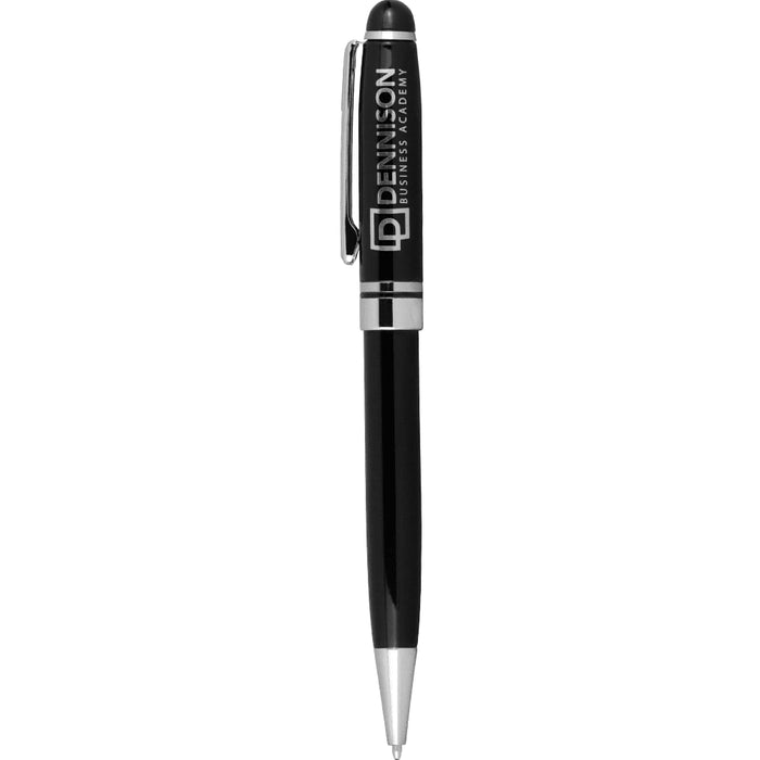 Powerbank, USB (4GB) & Pen Giftset - A black pen with a silver clip and accents, featuring a logo on the barrel.