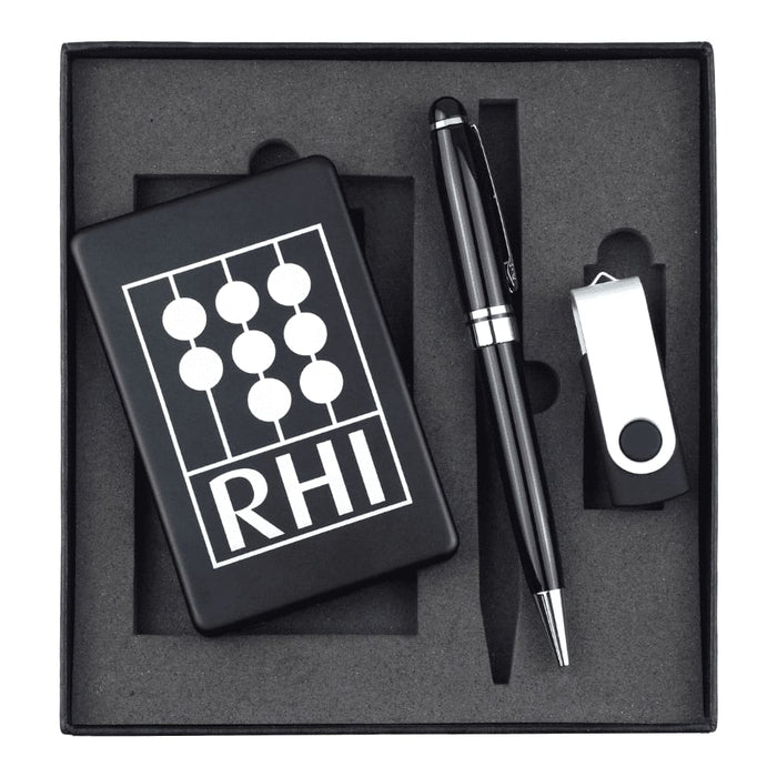Powerbank, USB (4GB) & Pen Giftset - A black gift set containing a power bank, USB, and a pen, all presented in a sleek black box.