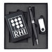 Powerbank, USB (4GB) & Pen Giftset - A black gift set containing a power bank, USB, and a pen, all presented in a sleek black box.