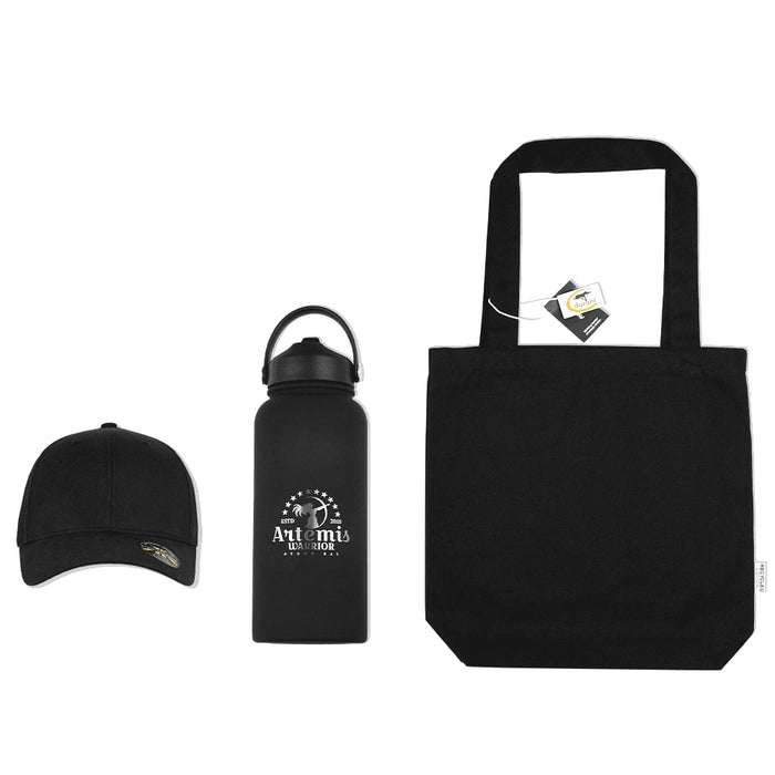 Summer Essentials Pack - A black tote bag, black drink bottle, and black cap, all featuring a logo.