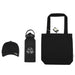 Summer Essentials Pack - A black tote bag, black drink bottle, and black cap, all featuring a logo.