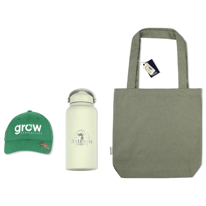 Summer Essentials Pack - A green cap, a white drink bottle, and a grey tote bag arranged together. The products include branding.