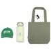 Summer Essentials Pack - A green cap, a white drink bottle, and a grey tote bag arranged together. The products include branding.