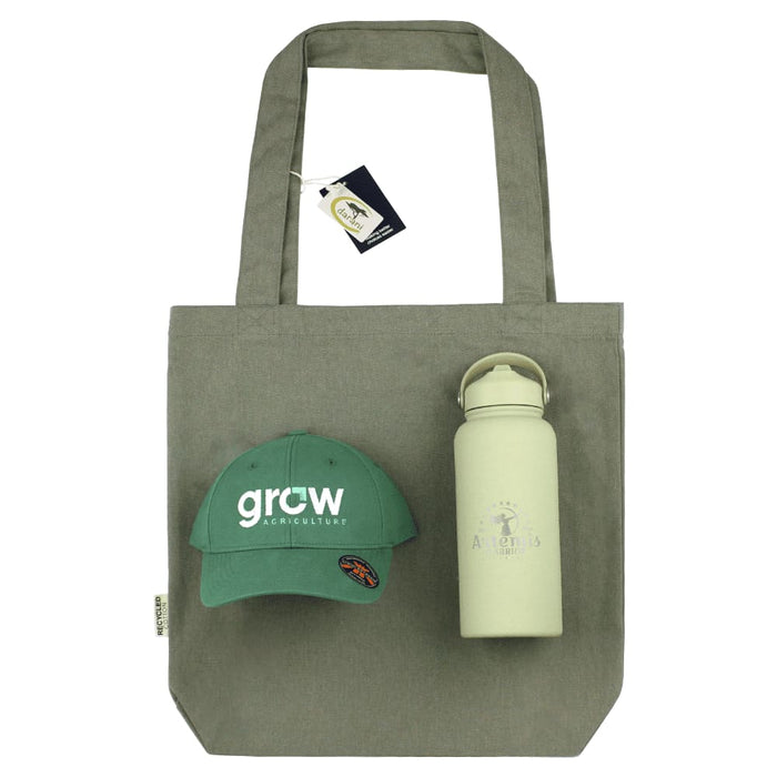 Summer Essentials Pack - A green cap, a light grey tote bag, and a cream-coloured drink bottle, featuring a logo on each item.