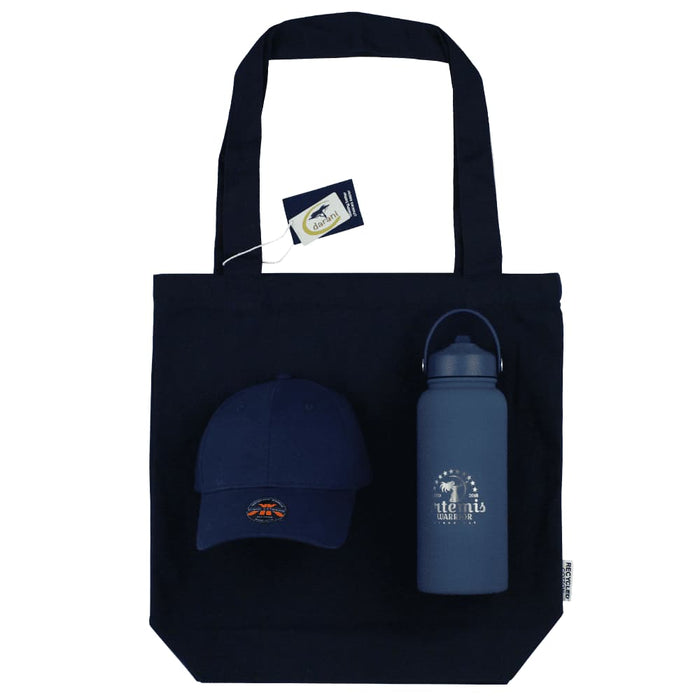 Summer Essentials Pack - A navy tote bag, navy cap with a logo, and a navy drink bottle.