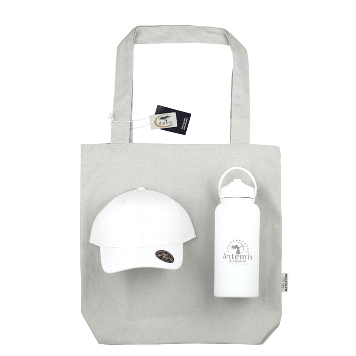 Summer Essentials Pack - A grey tote bag, a white cap, and a white drink bottle with a logo.
