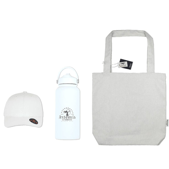 Summer Essentials Pack - A white drink bottle, light grey tote bag, and white cap, all featuring branding.