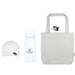 Summer Essentials Pack - A white drink bottle, light grey tote bag, and white cap, all featuring branding.