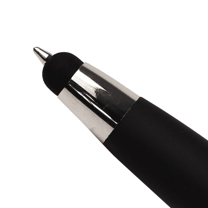 Stationary Essentials Pack - A black pen with a silver trim and a touch tip for screens, featuring a shiny metallic finish.