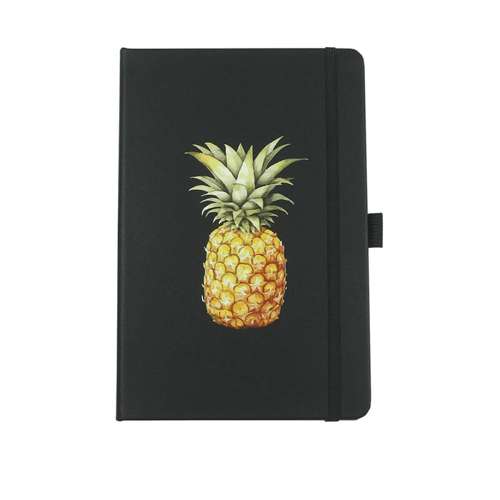 Lifestyle Essentials Pack - A black notebook featuring a pineapple illustration on the front cover. It has a strap closure and a ribbon marker.