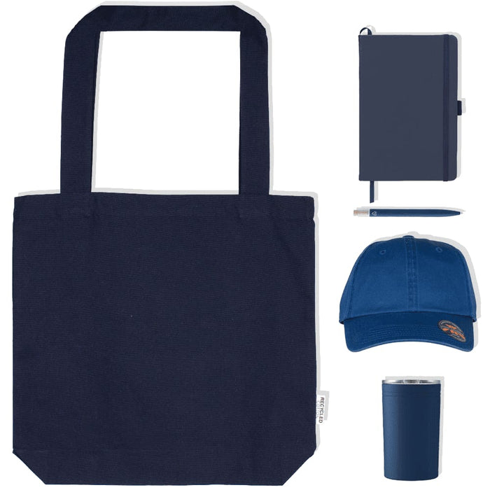 Lifestyle Essentials Pack - A navy tote bag, blue cap, notebook, pen, and drink tumbler, all featuring branding.