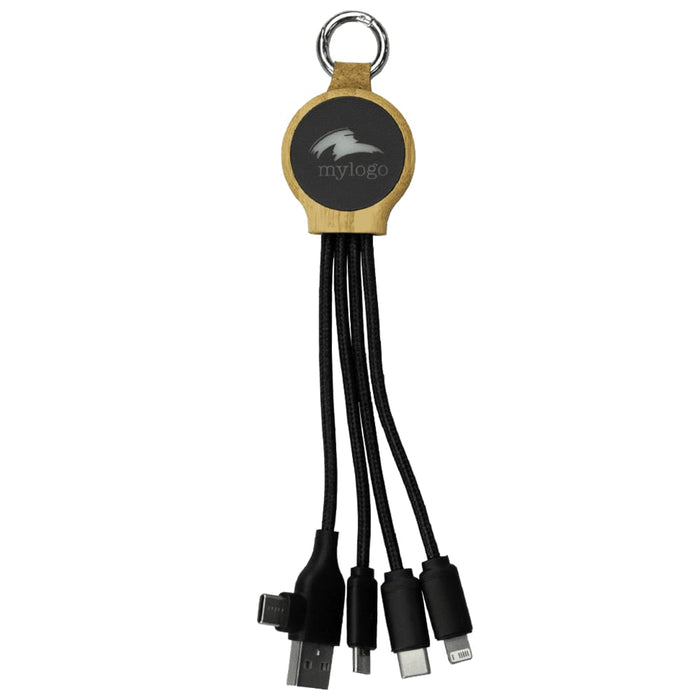 Get Organised Pack - A multi-cable organiser with four charging cables in black, featuring a circular wooden logo area.