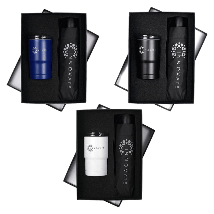 Umbrella & Tumbler Gift Set - A tumbler and an umbrella in black, white, and blue, presented in a black gift box with logos.