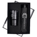 Umbrella & Tumbler Gift Set - A black tumbler and an umbrella presented in a black gift box with a logo.
