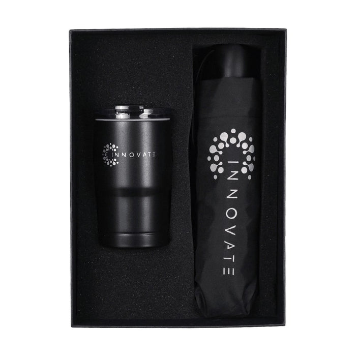 Umbrella & Tumbler Gift Set - A drink bottle and black umbrella gift set in a black presentation box, featuring a logo.
