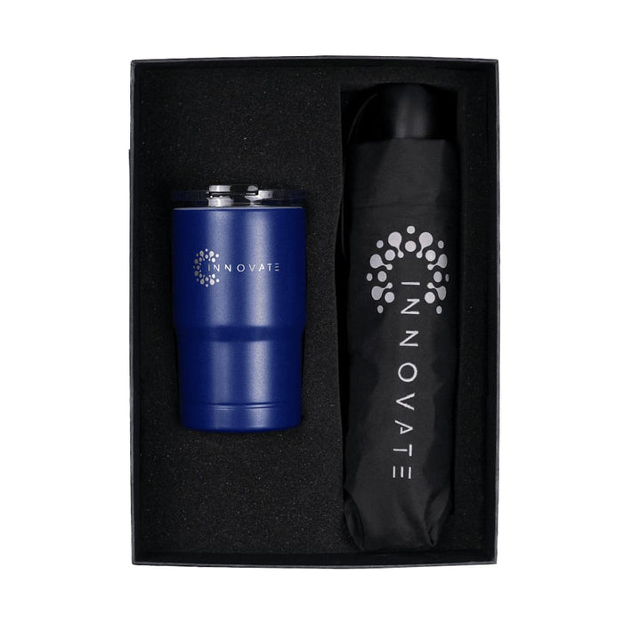 Umbrella & Tumbler Gift Set - A drink bottle and tumbler in navy blue, packaged together in a black gift box with a logo.