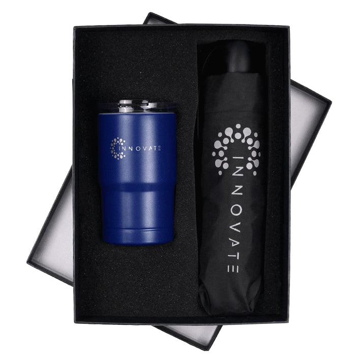 Umbrella & Tumbler Gift Set - A drink bottle and a black umbrella in a black gift box, featuring a logo on both items. The tumbler is blue.