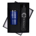 Umbrella & Tumbler Gift Set - A drink bottle and a black umbrella in a black gift box, featuring a logo on both items. The tumbler is blue.