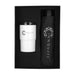 Umbrella & Tumbler Gift Set - A white tumbler and a black umbrella, presented in a black gift box with branding.