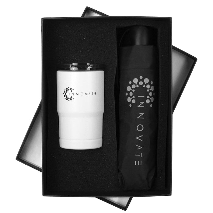 Umbrella & Tumbler Gift Set - A drink bottle and a tumbler in a gift box, featuring a black and white colour scheme and branding.