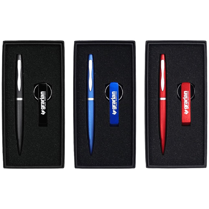 Chicago Pen & Bottle Opener Keyring Gift Set - A drink bottle opener keyring set featuring a black, blue, and red pen, all presented in sleek gift boxes.