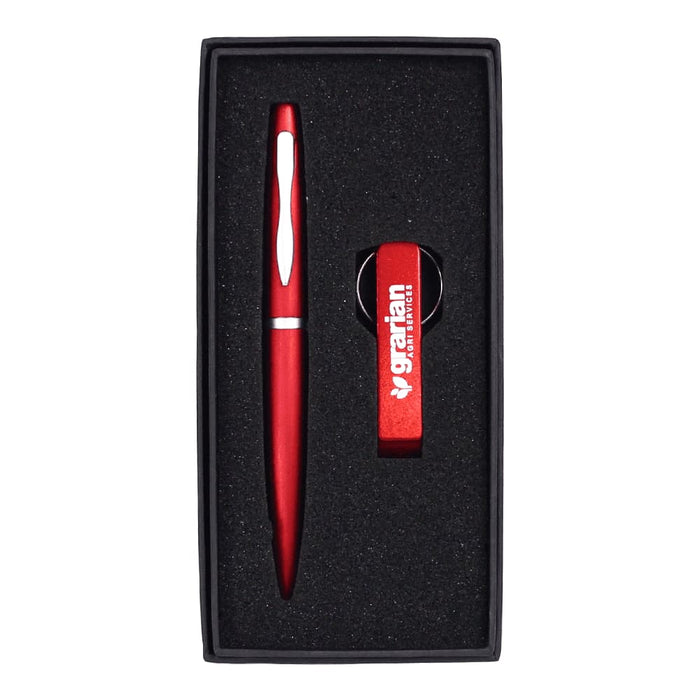 Chicago Pen & Bottle Opener Keyring Gift Set - A drink bottle opener keyring and a red pen, both presented in a black gift box with foam insert.