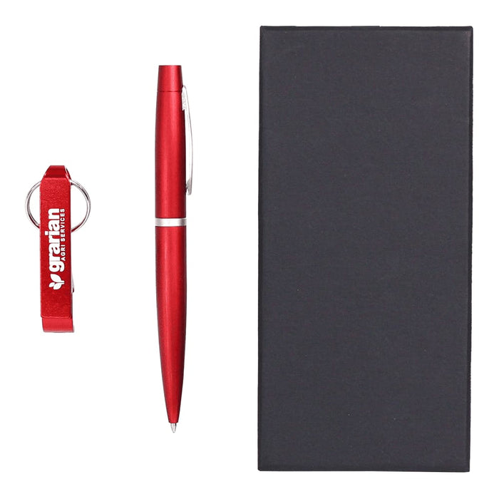 Chicago Pen & Bottle Opener Keyring Gift Set - A drink bottle opener keyring and a red pen are displayed alongside a black gift box. The set includes branding.