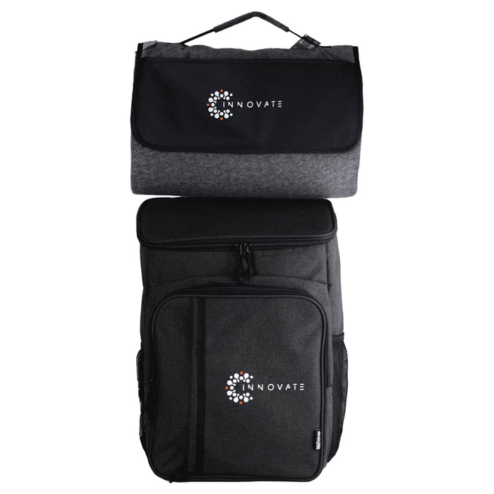 Picnic Pack - A black and grey picnic backpack featuring a logo, with a detachable insulated cooler on top.