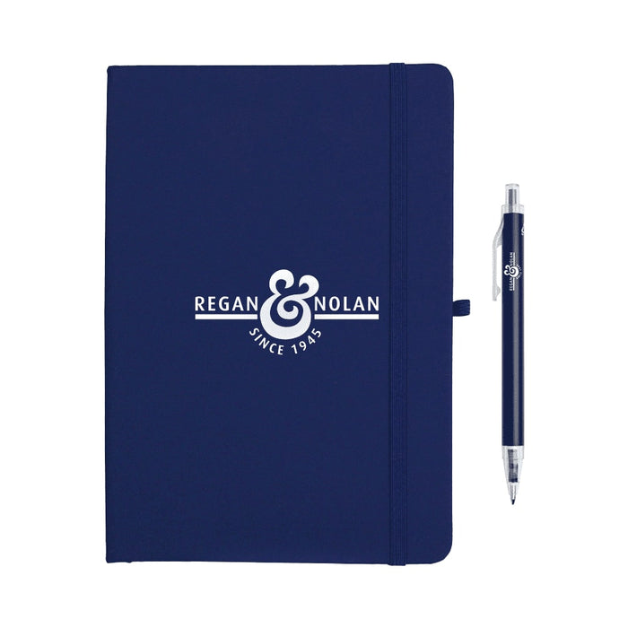 Spectrum Recycled JournalBook & Pen Giftset - A navy blue journal with an elastic closure, accompanied by a matching pen. The journal features a logo.