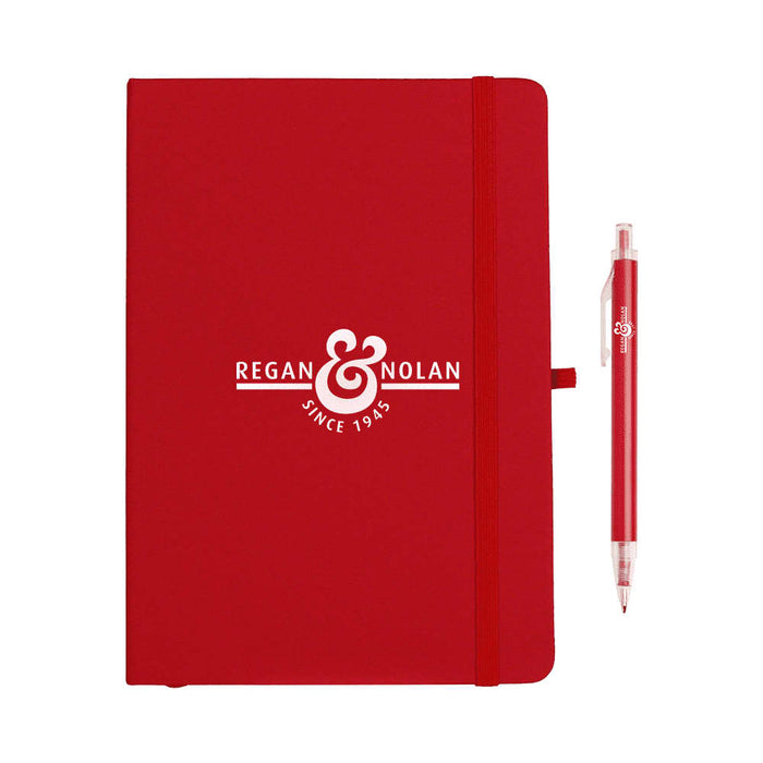 Spectrum Recycled JournalBook & Pen Giftset - A red journal with an elastic closure and a matching red pen, featuring a logo on the cover.