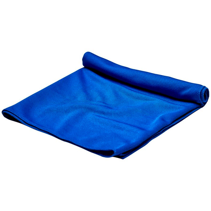 Cooling Towel - A blue cooling towel is neatly rolled and displayed with a textured surface. It features a logo.