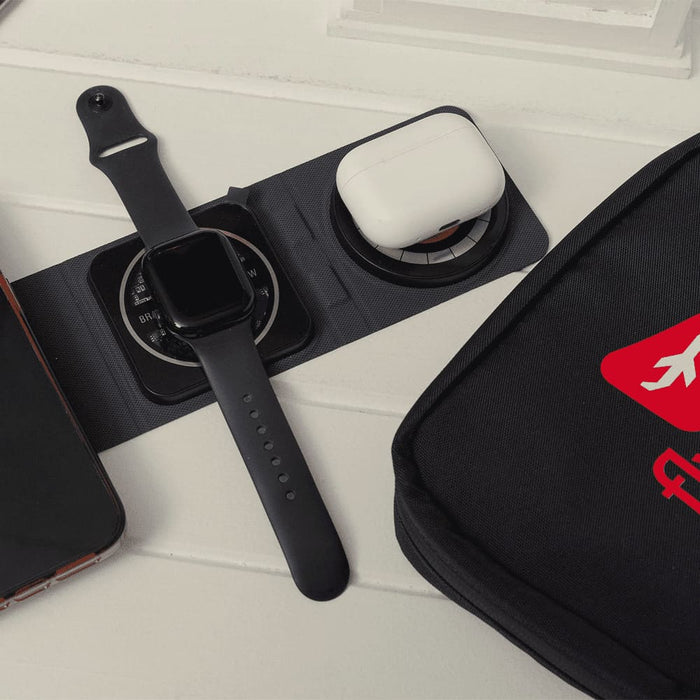 Branded Tech Kit Gift Pack - A black tech kit featuring a smartwatch, wireless earbuds case, and space for a smartphone. Includes a branded logo.