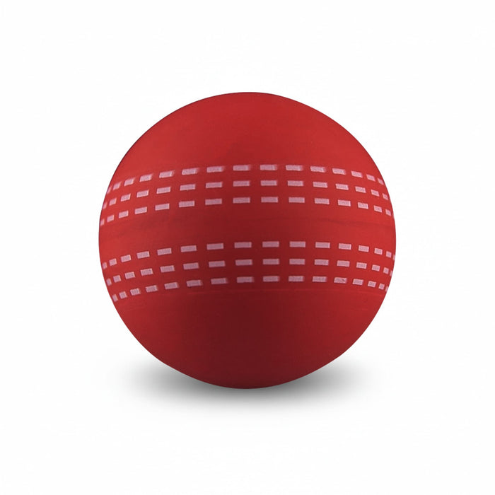 High Bounce Cricket Ball - A red high bounce cricket ball with white stitching patterns and a smooth surface. The ball features a logo.